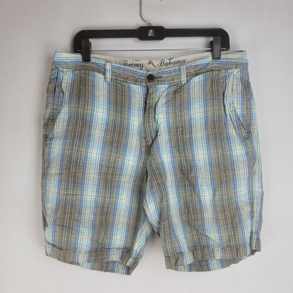 Tommy Bahama Mens Size 34 Blue Grey Linen Blend Flat Front Shorts